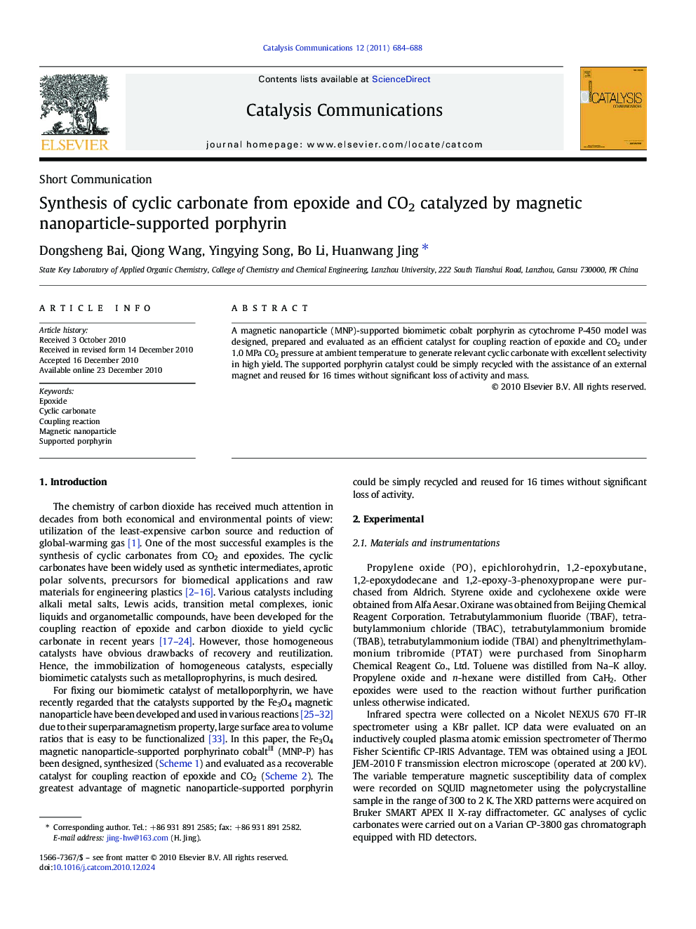 Synthesis of cyclic carbonate from epoxide and CO2 catalyzed by magnetic nanoparticle-supported porphyrin