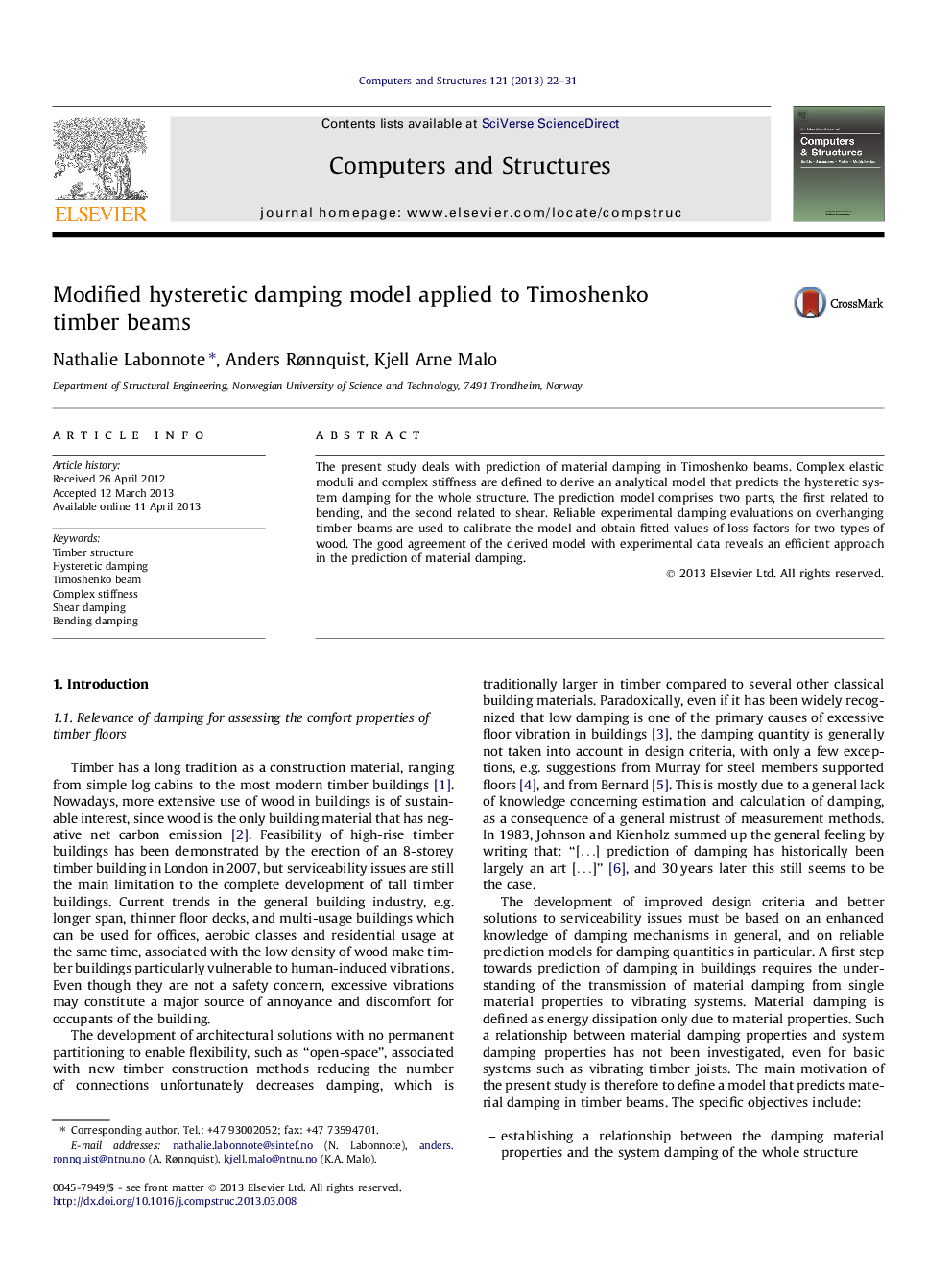 Modified hysteretic damping model applied to Timoshenko timber beams