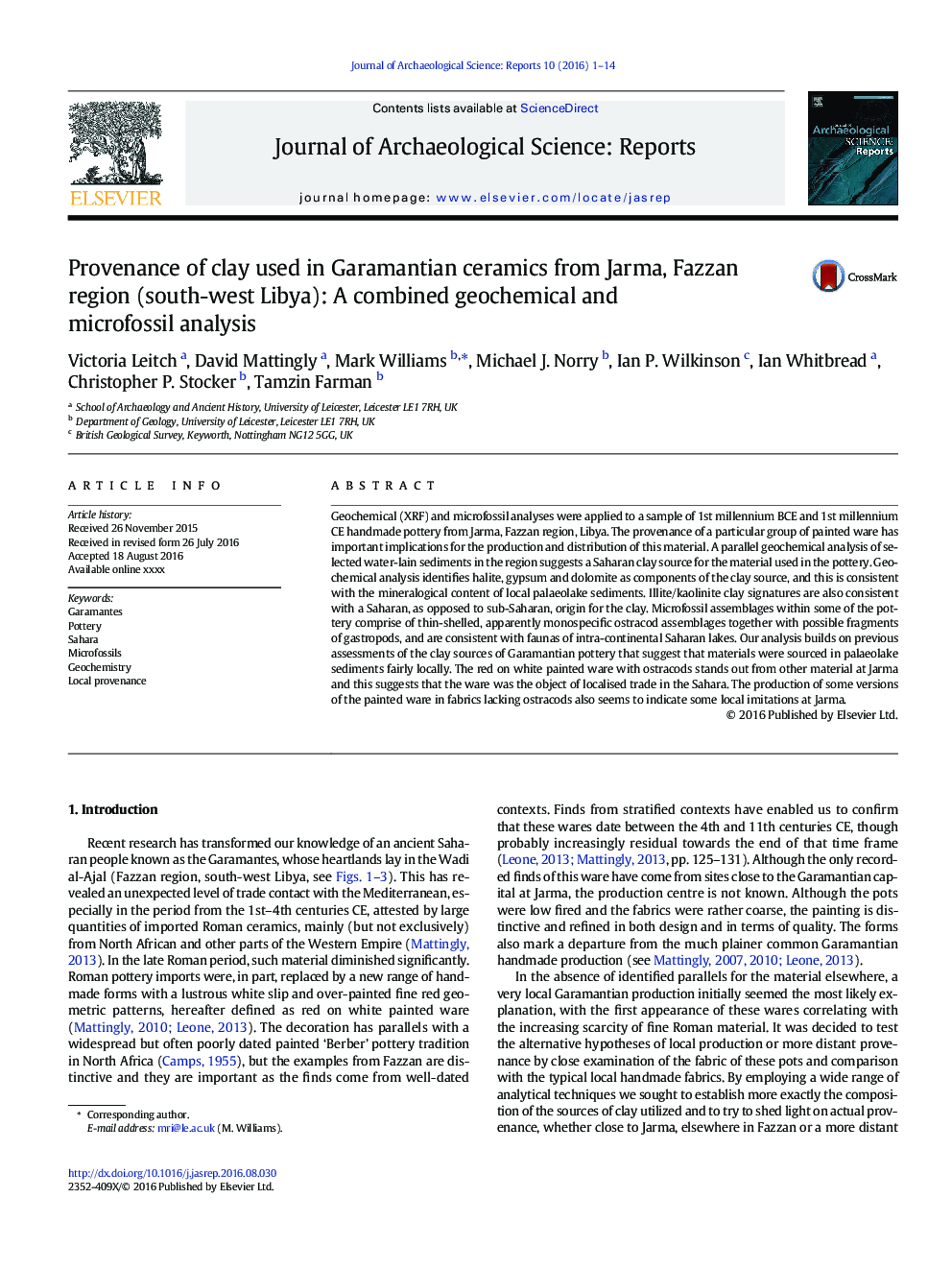 Provenance of clay used in Garamantian ceramics from Jarma, Fazzan region (south-west Libya): A combined geochemical and microfossil analysis