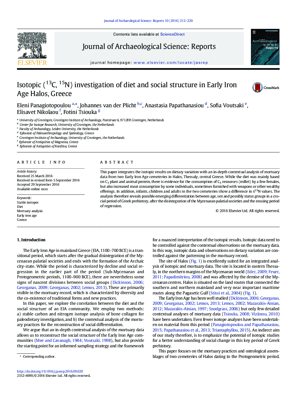 Isotopic (13C, 15N) investigation of diet and social structure in Early Iron Age Halos, Greece