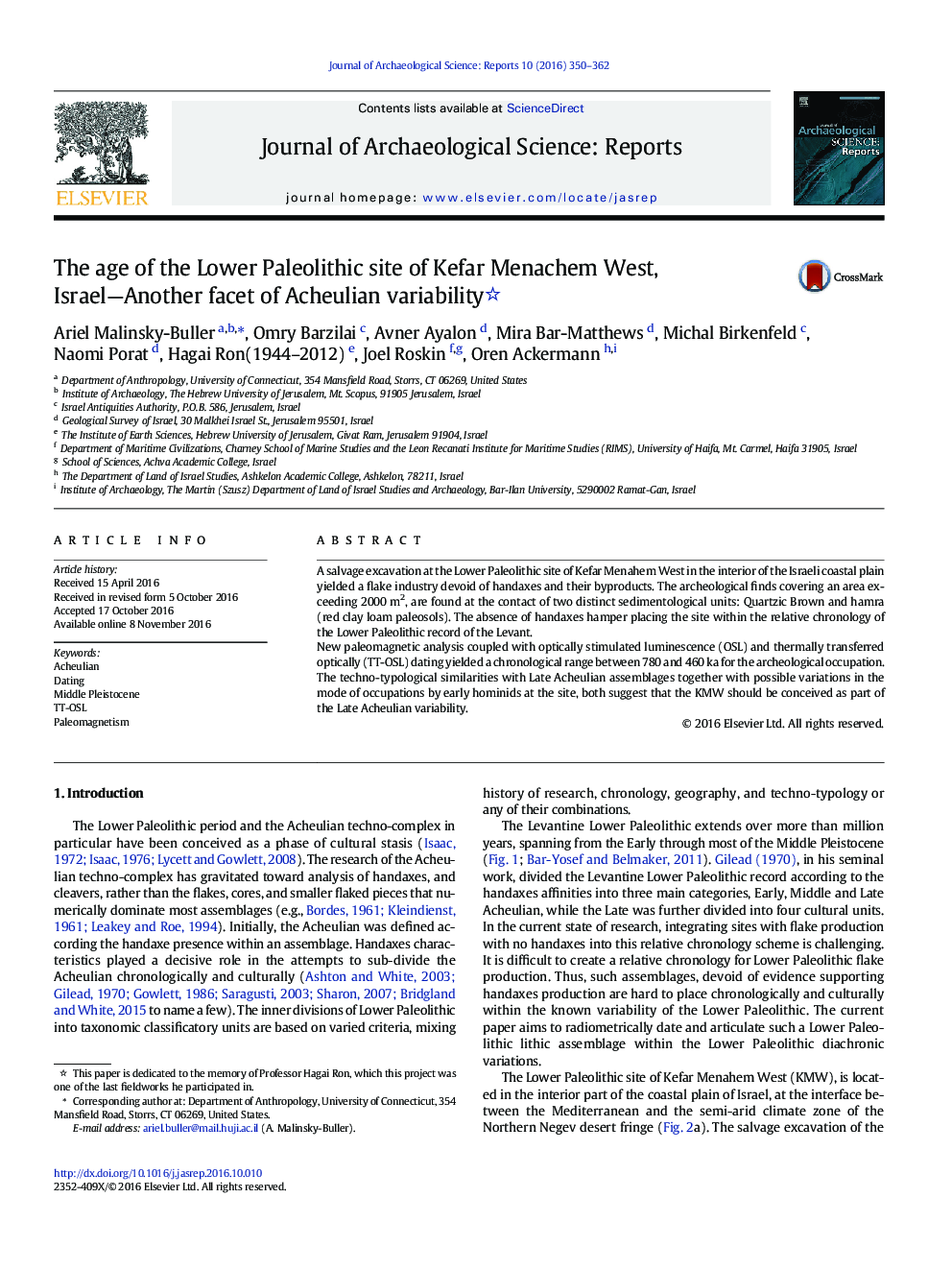 The age of the Lower Paleolithic site of Kefar Menachem West, Israel-Another facet of Acheulian variability