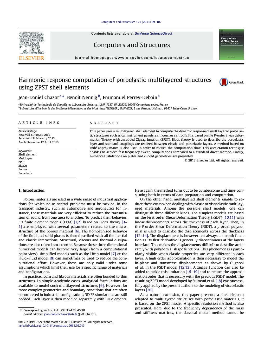 Harmonic response computation of poroelastic multilayered structures using ZPST shell elements