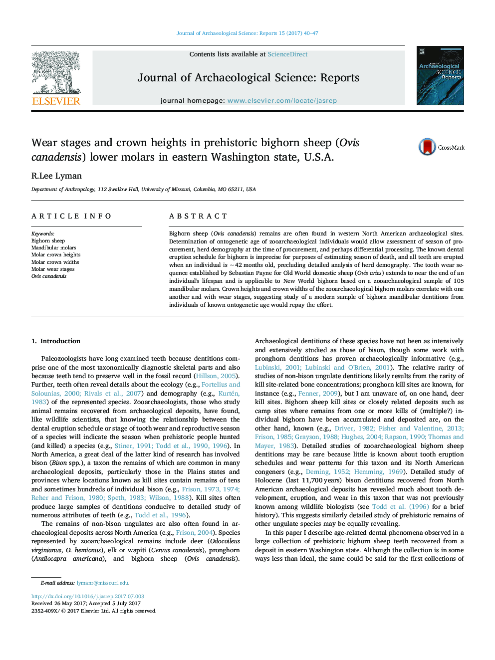عکس صفحه اول مقاله: Wear stages and crown heights in prehistoric bighorn sheep (Ovis canadensis) lower molars in eastern Washington state, U.S.A. Wear stages and crown heights in prehistoric bighorn sheep (Ovis canadensis) lower molars in eastern Washington state, U.S.A.