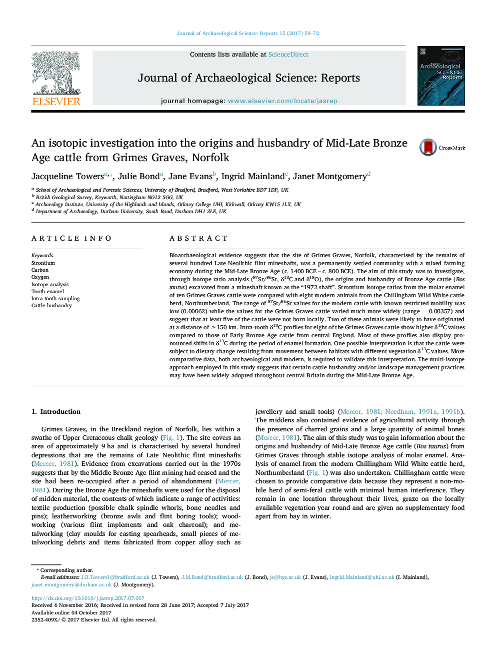 An isotopic investigation into the origins and husbandry of Mid-Late Bronze Age cattle from Grimes Graves, Norfolk