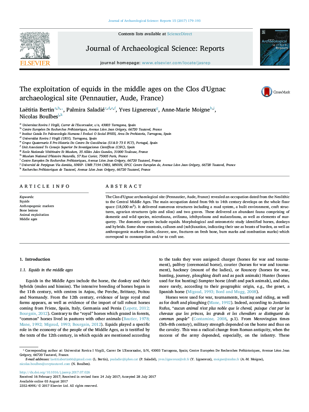 The exploitation of equids in the middle ages on the Clos d'Ugnac archaeological site (Pennautier, Aude, France)