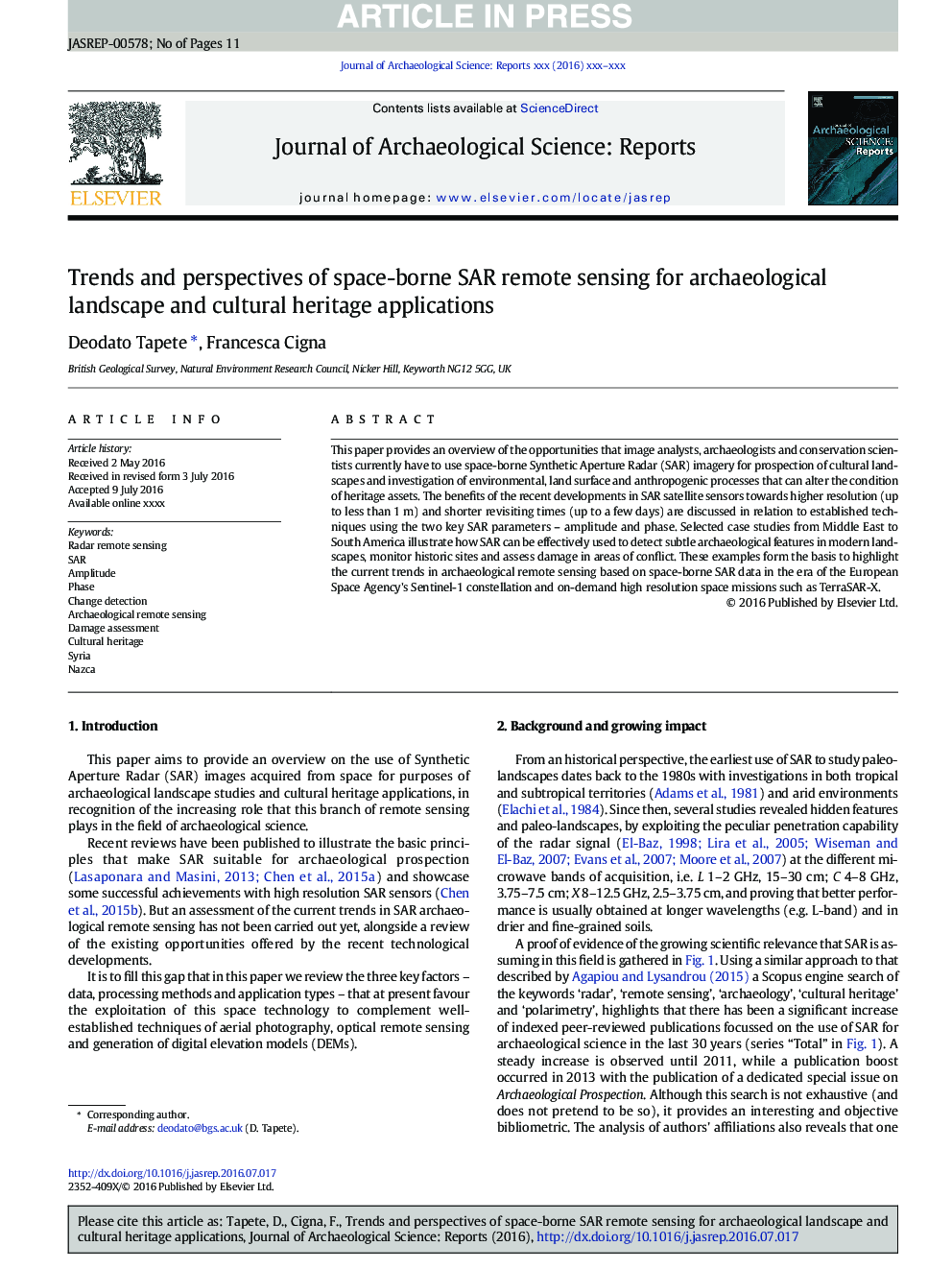 Trends and perspectives of space-borne SAR remote sensing for archaeological landscape and cultural heritage applications