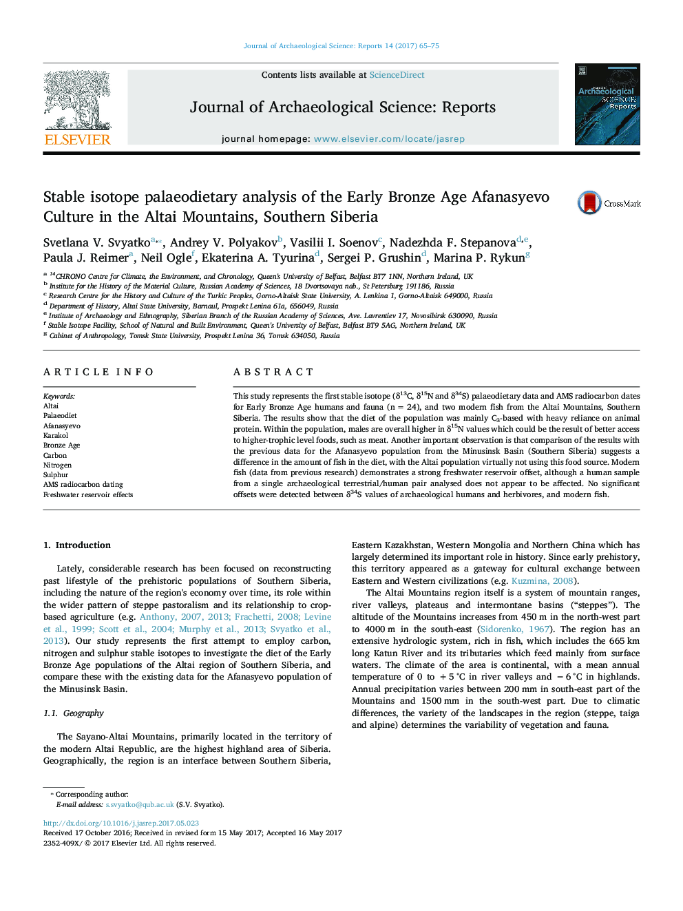 Stable isotope palaeodietary analysis of the Early Bronze Age Afanasyevo Culture in the Altai Mountains, Southern Siberia