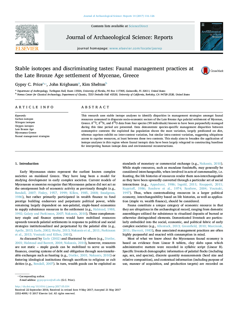 Stable isotopes and discriminating tastes: Faunal management practices at the Late Bronze Age settlement of Mycenae, Greece