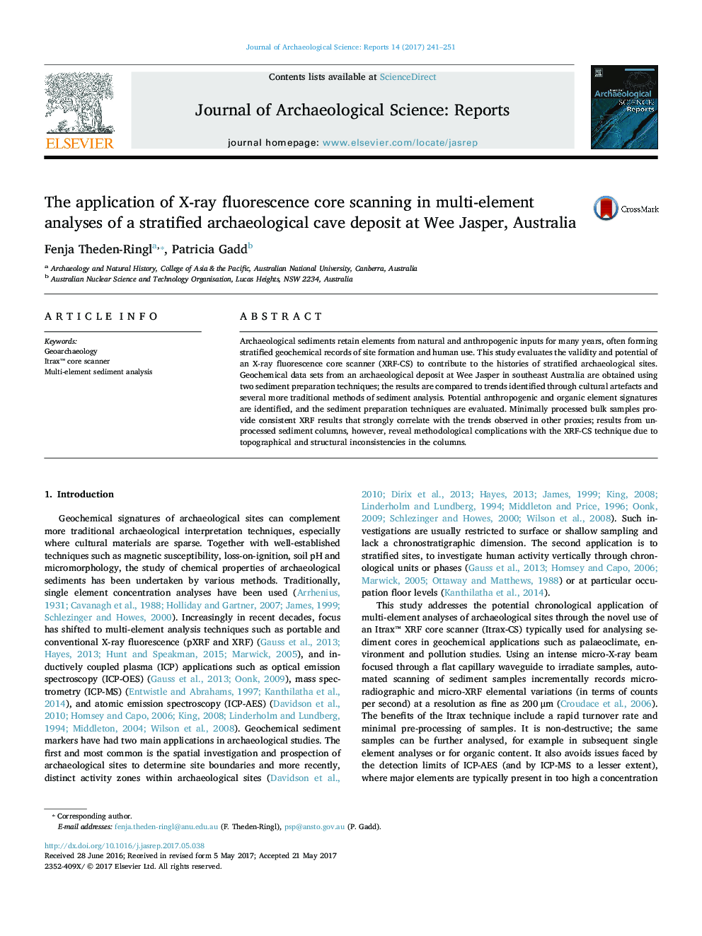 The application of X-ray fluorescence core scanning in multi-element analyses of a stratified archaeological cave deposit at Wee Jasper, Australia