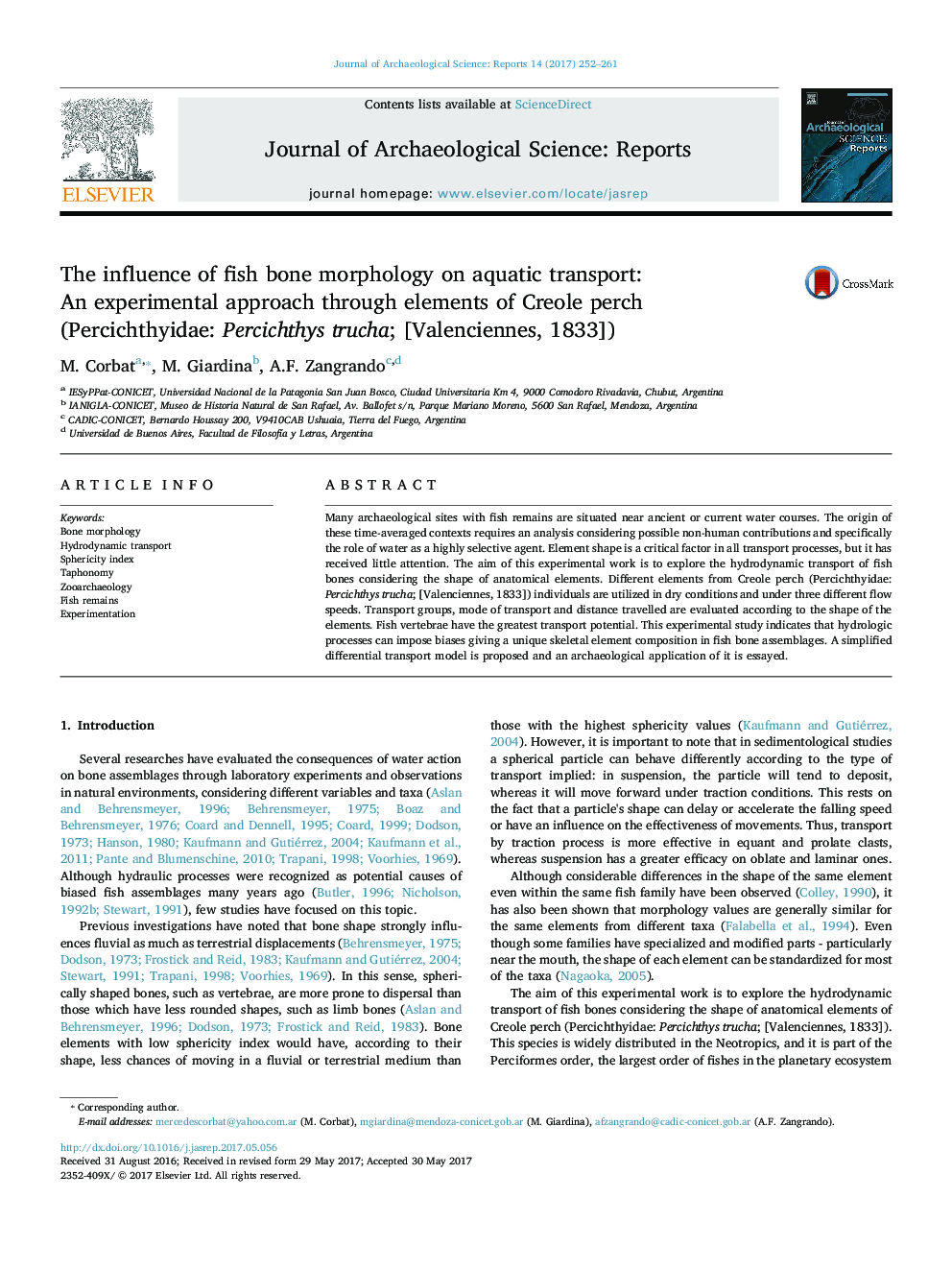 The influence of fish bone morphology on aquatic transport: An experimental approach through elements of Creole perch (Percichthyidae: Percichthys trucha; [Valenciennes, 1833])