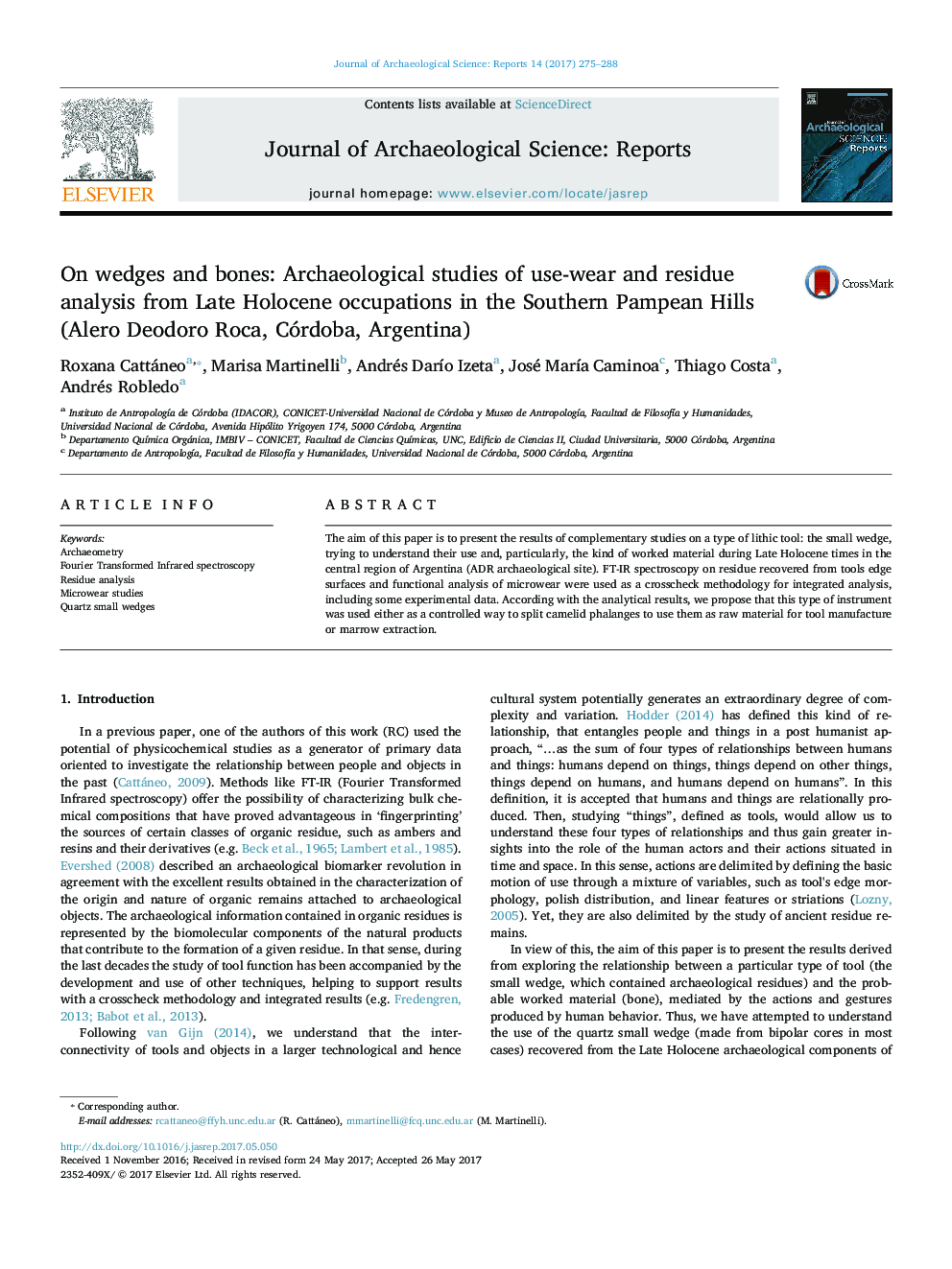 On wedges and bones: Archaeological studies of use-wear and residue analysis from Late Holocene occupations in the Southern Pampean Hills (Alero Deodoro Roca, Córdoba, Argentina)