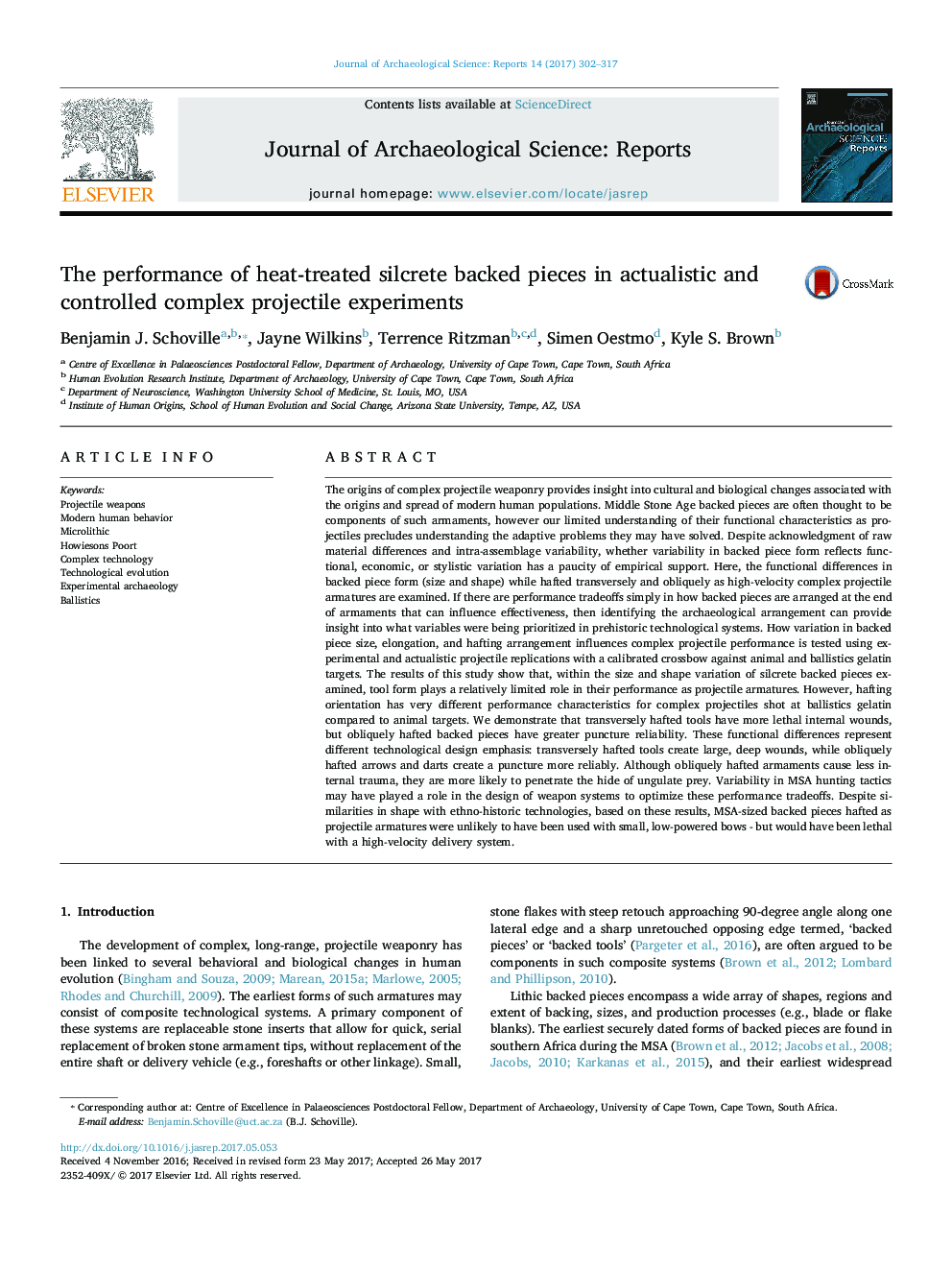 The performance of heat-treated silcrete backed pieces in actualistic and controlled complex projectile experiments