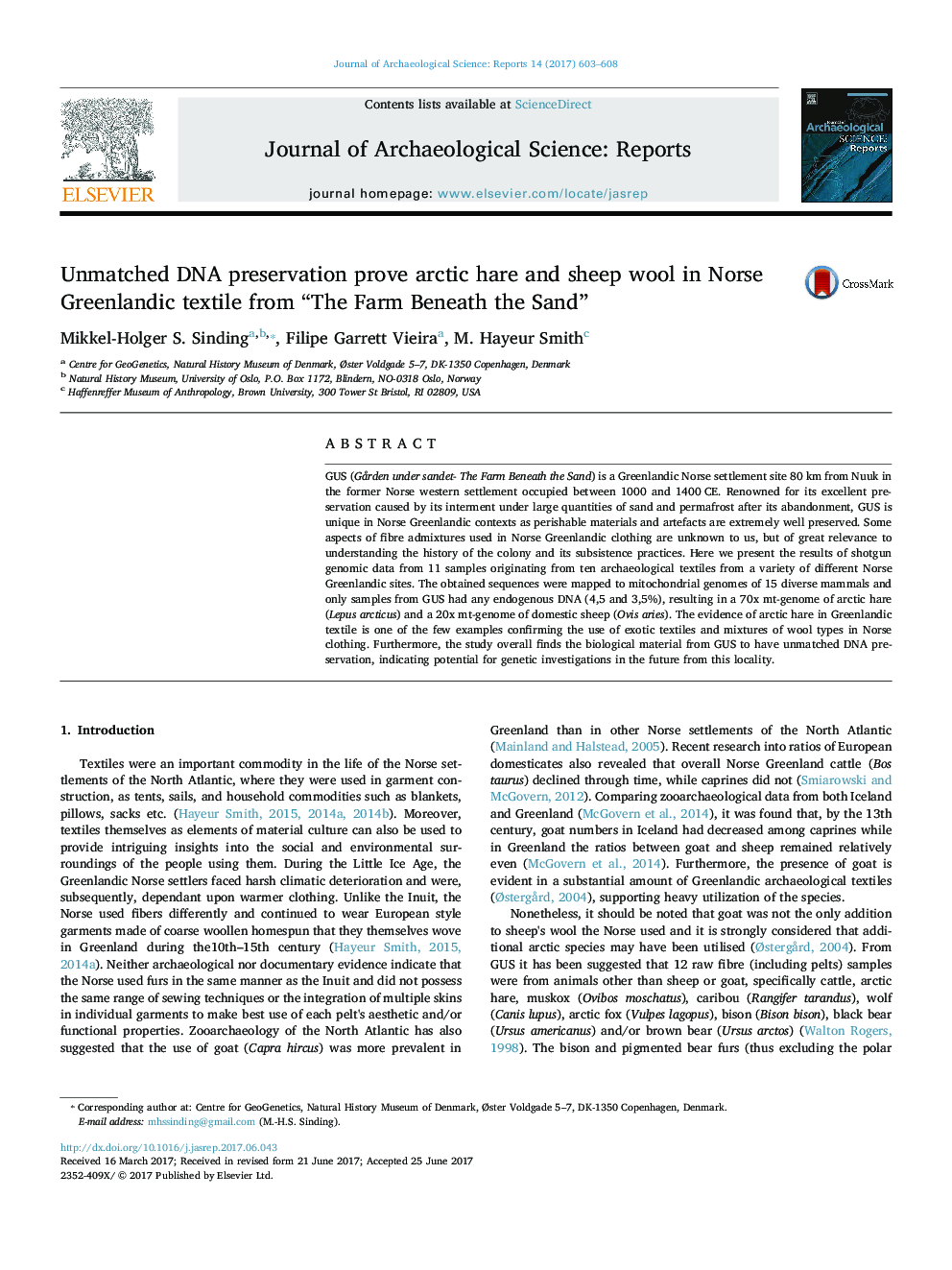 Unmatched DNA preservation prove arctic hare and sheep wool in Norse Greenlandic textile from “The Farm Beneath the Sand”