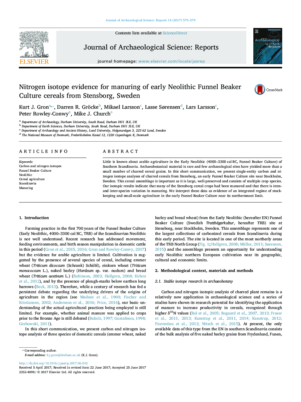 Nitrogen isotope evidence for manuring of early Neolithic Funnel Beaker Culture cereals from Stensborg, Sweden