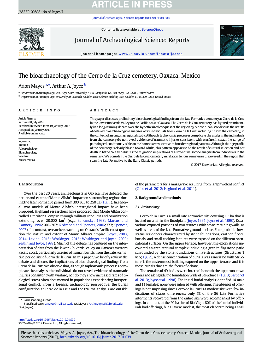 The bioarchaeology of the Cerro de la Cruz cemetery, Oaxaca, Mexico