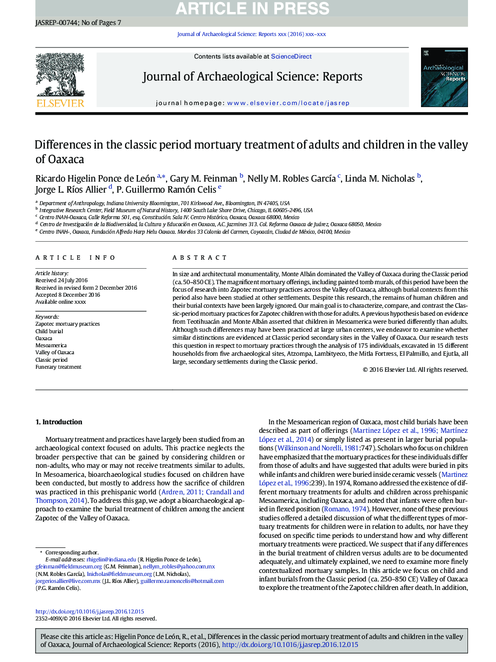 Differences in the classic period mortuary treatment of adults and children in the Valley of Oaxaca