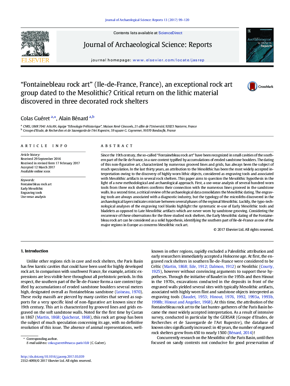 “Fontainebleau rock art” (Ile-de-France, France), an exceptional rock art group dated to the Mesolithic? Critical return on the lithic material discovered in three decorated rock shelters