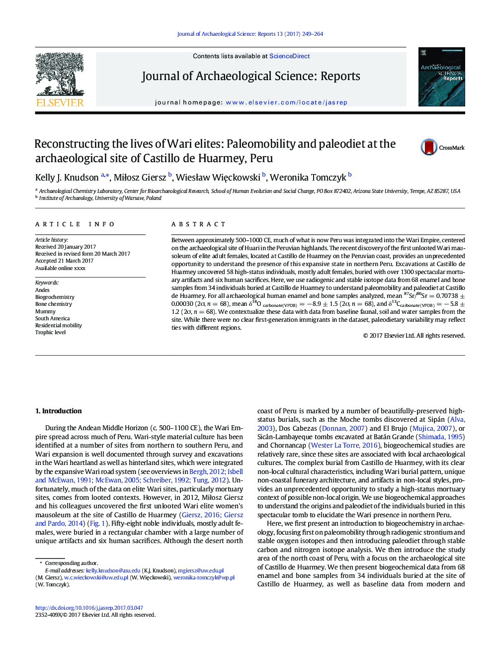 Reconstructing the lives of Wari elites: Paleomobility and paleodiet at the archaeological site of Castillo de Huarmey, Peru