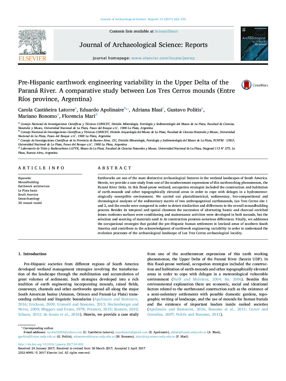 Pre-Hispanic earthwork engineering variability in the Upper Delta of the Paraná River. A comparative study between Los Tres Cerros mounds (Entre RÃ­os province, Argentina)