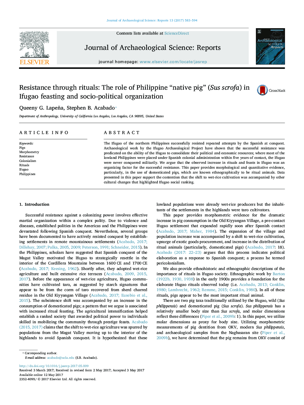 Resistance through rituals: The role of Philippine “native pig” (Sus scrofa) in Ifugao feasting and socio-political organization