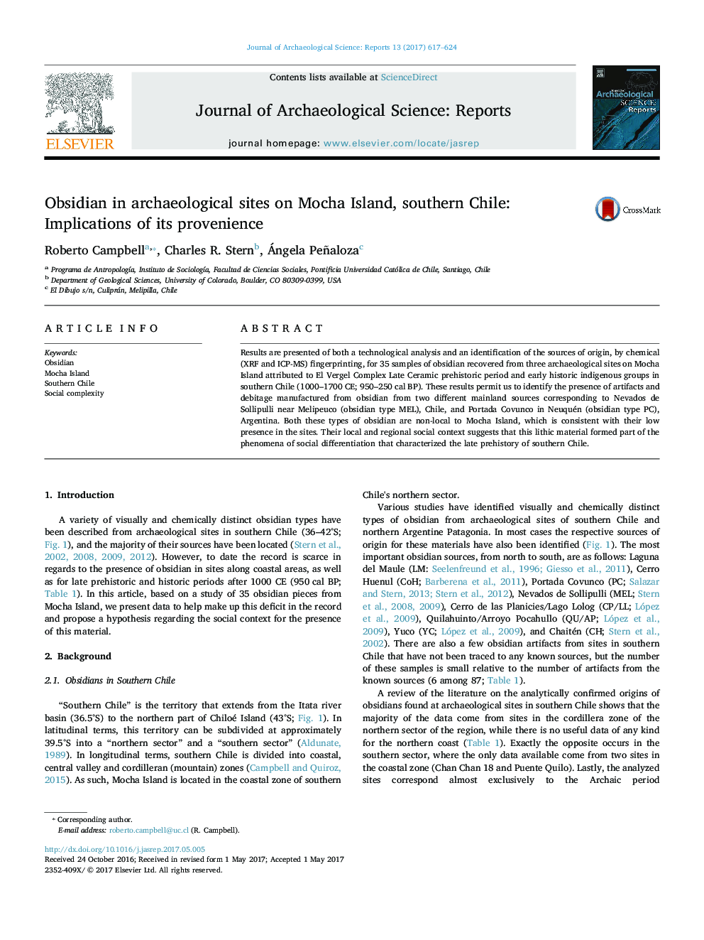 Obsidian in archaeological sites on Mocha Island, southern Chile: Implications of its provenience