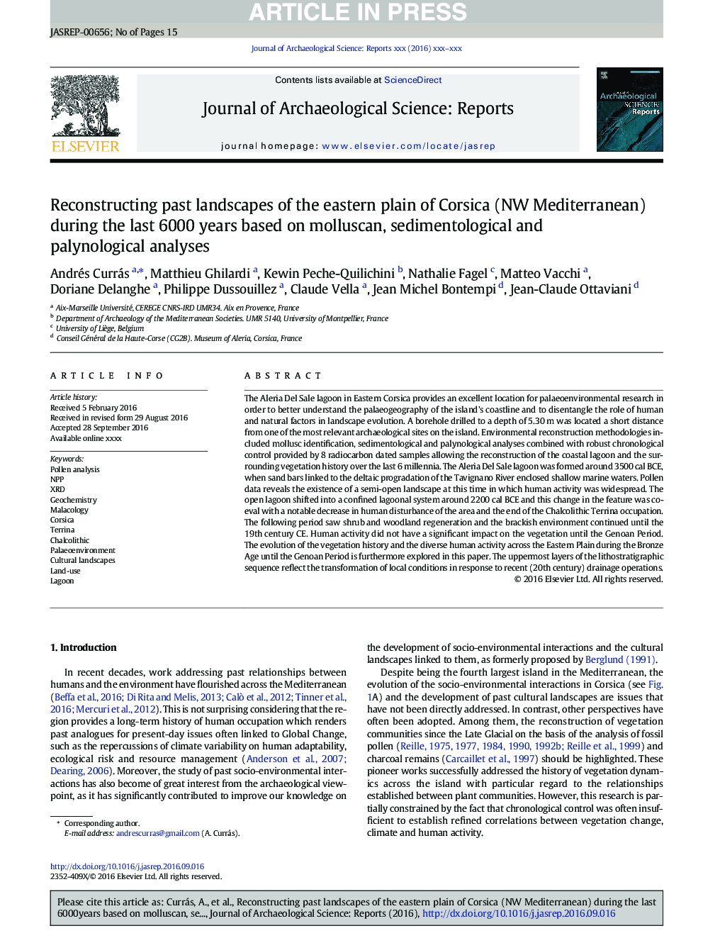 Reconstructing past landscapes of the eastern plain of Corsica (NW Mediterranean) during the last 6000Â years based on molluscan, sedimentological and palynological analyses