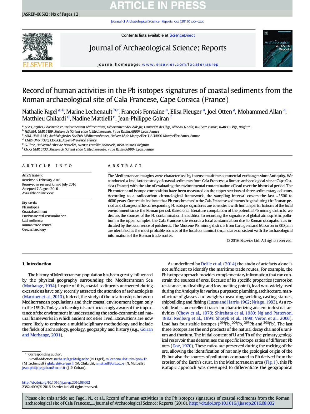 Record of human activities in the Pb isotopes signatures of coastal sediments from the Roman archaeological site of Cala Francese, Cape Corsica (France)