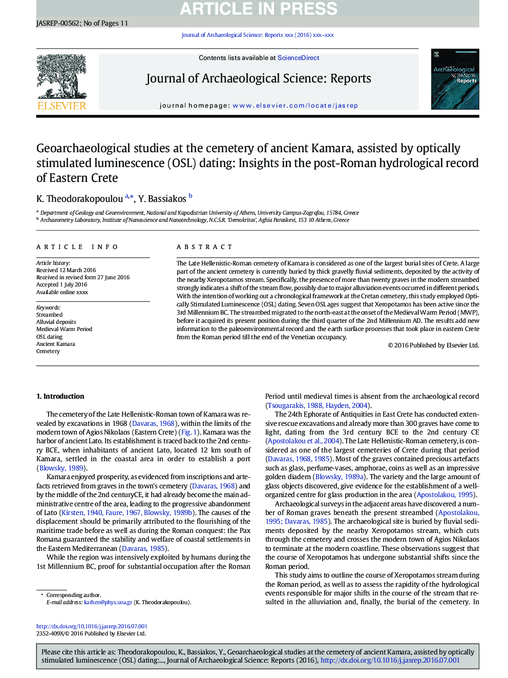 Geoarchaeological studies at the cemetery of ancient Kamara, assisted by optically stimulated luminescence (OSL) dating: Insights in the post-Roman hydrological record of Eastern Crete