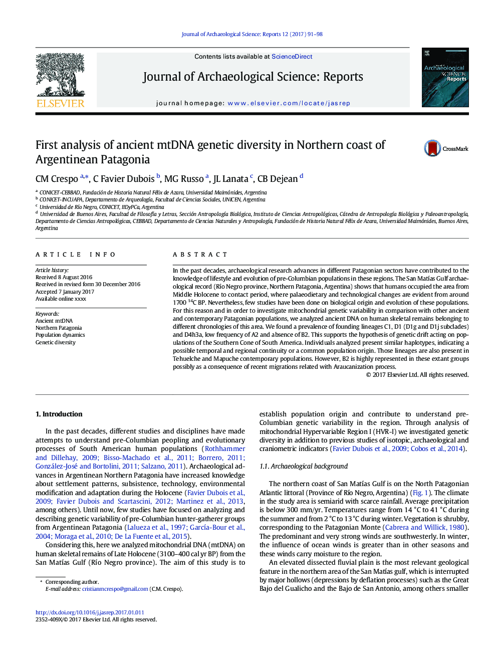 First analysis of ancient mtDNA genetic diversity in Northern coast of Argentinean Patagonia