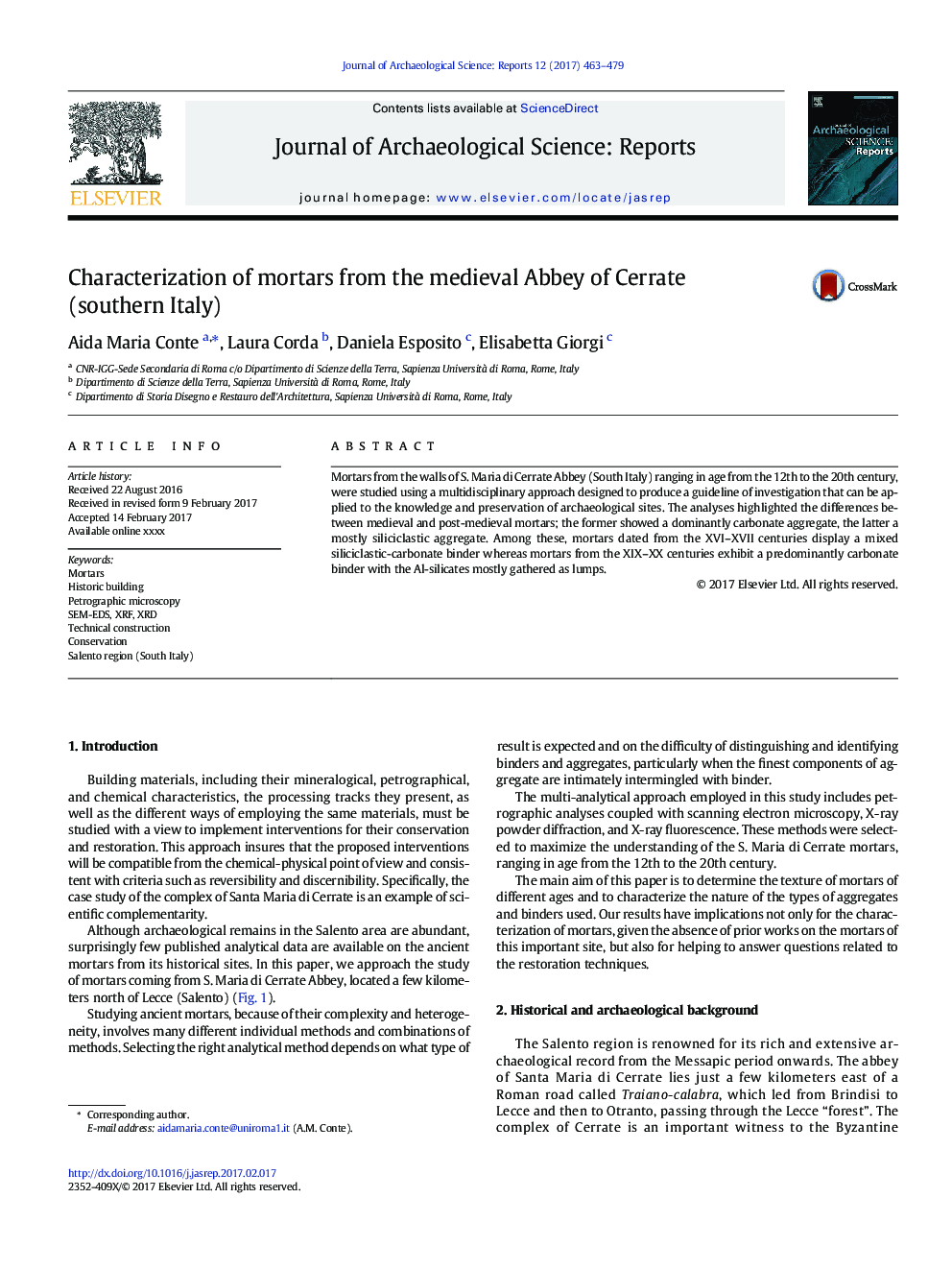 Characterization of mortars from the medieval Abbey of Cerrate (southern Italy)