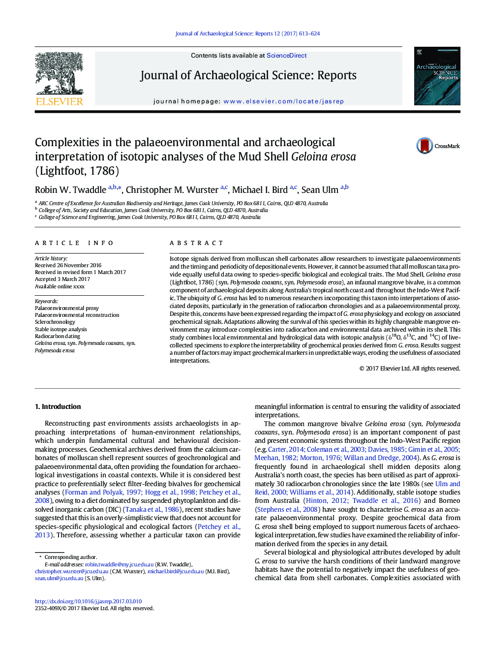 Complexities in the palaeoenvironmental and archaeological interpretation of isotopic analyses of the Mud Shell Geloina erosa (Lightfoot, 1786)