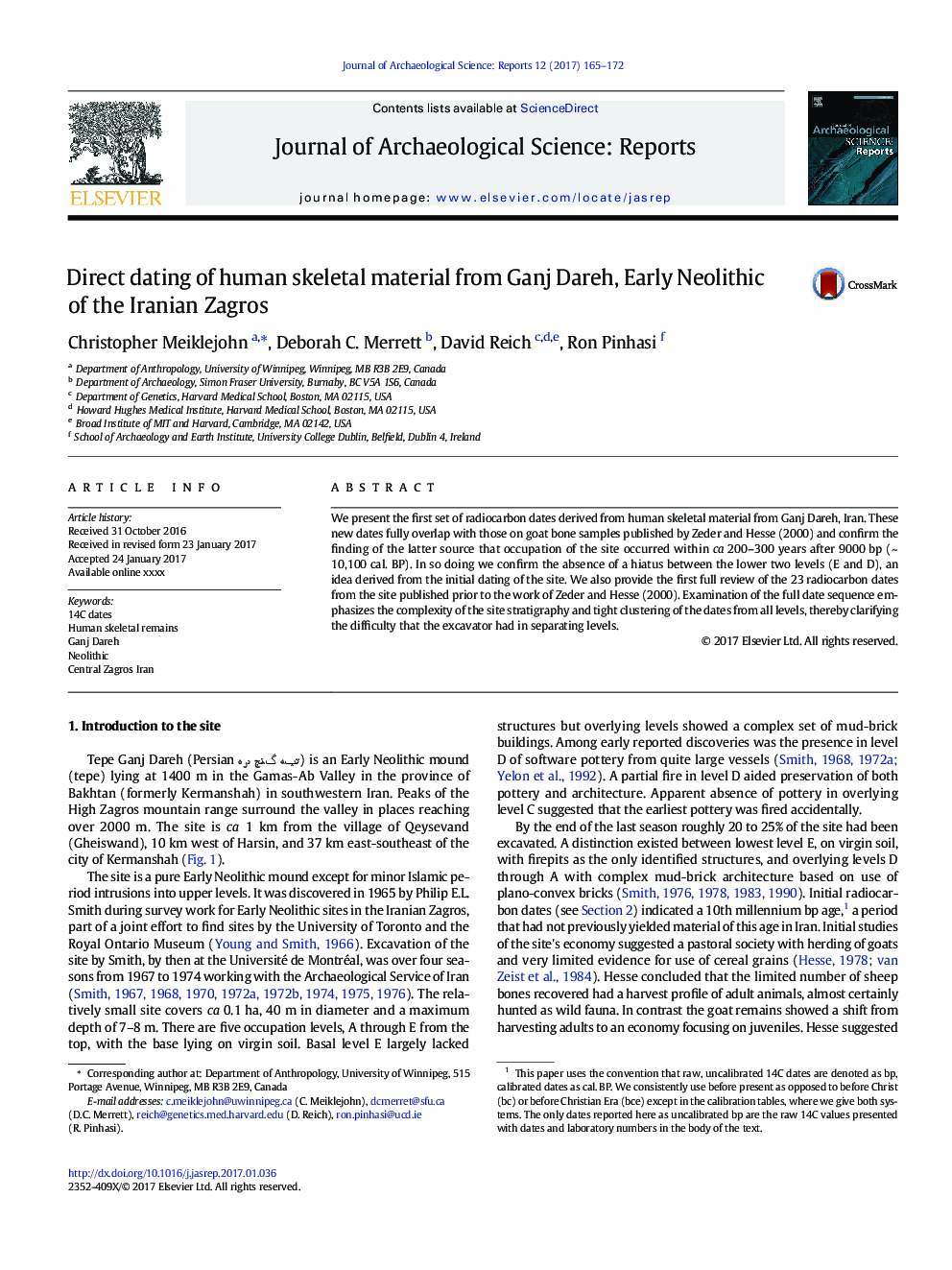 Direct dating of human skeletal material from Ganj Dareh, Early Neolithic of the Iranian Zagros