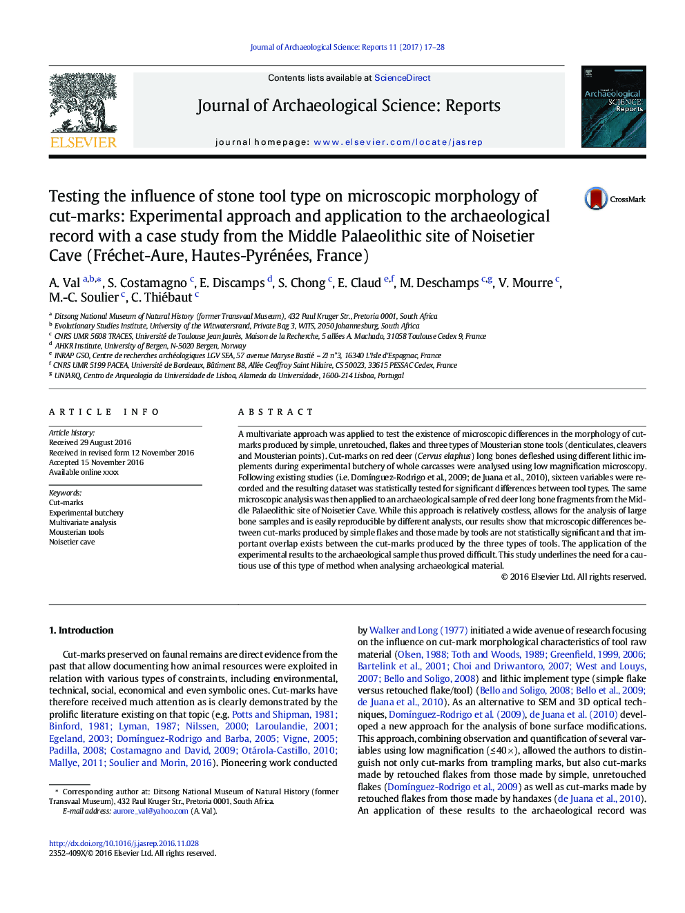 Testing the influence of stone tool type on microscopic morphology of cut-marks: Experimental approach and application to the archaeological record with a case study from the Middle Palaeolithic site of Noisetier Cave (Fréchet-Aure, Hautes-Pyrénées, Franc