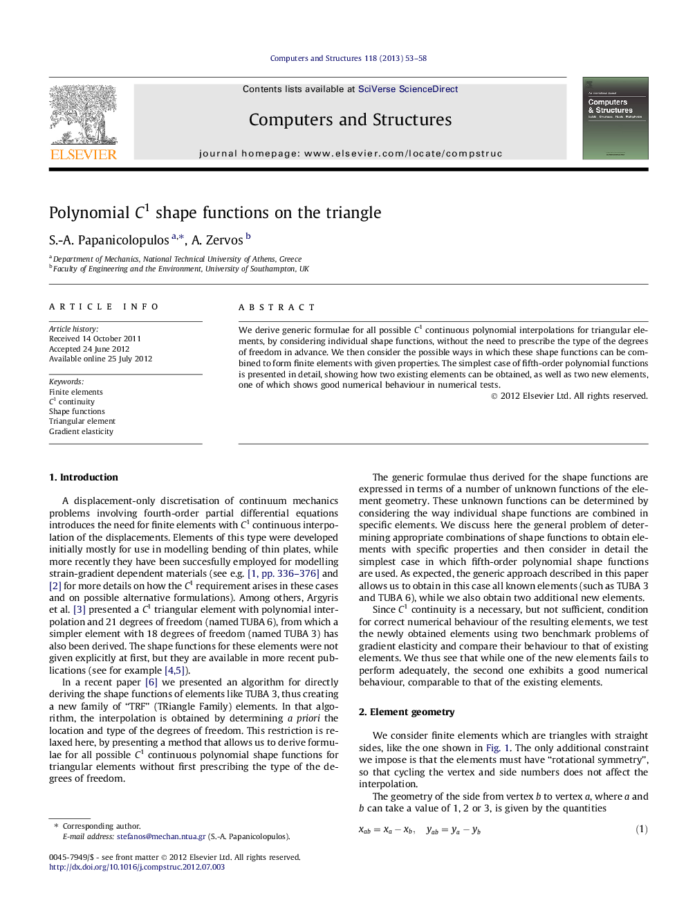 Polynomial C1 shape functions on the triangle