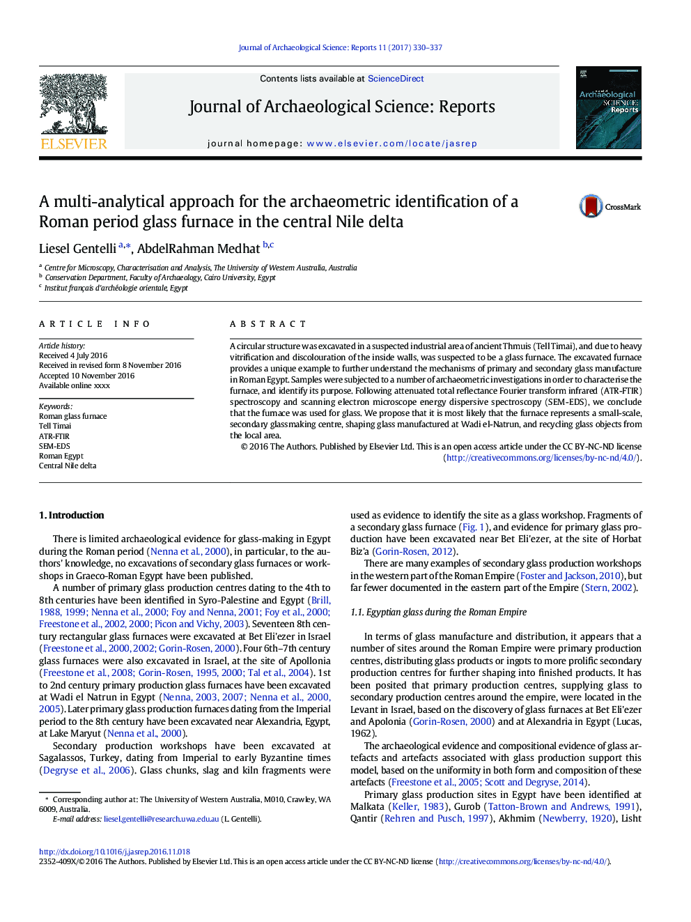 A multi-analytical approach for the archaeometric identification of a Roman period glass furnace in the central Nile delta