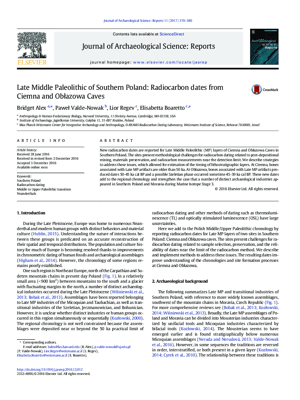 Late Middle Paleolithic of Southern Poland: Radiocarbon dates from Ciemna and ObÅazowa Caves