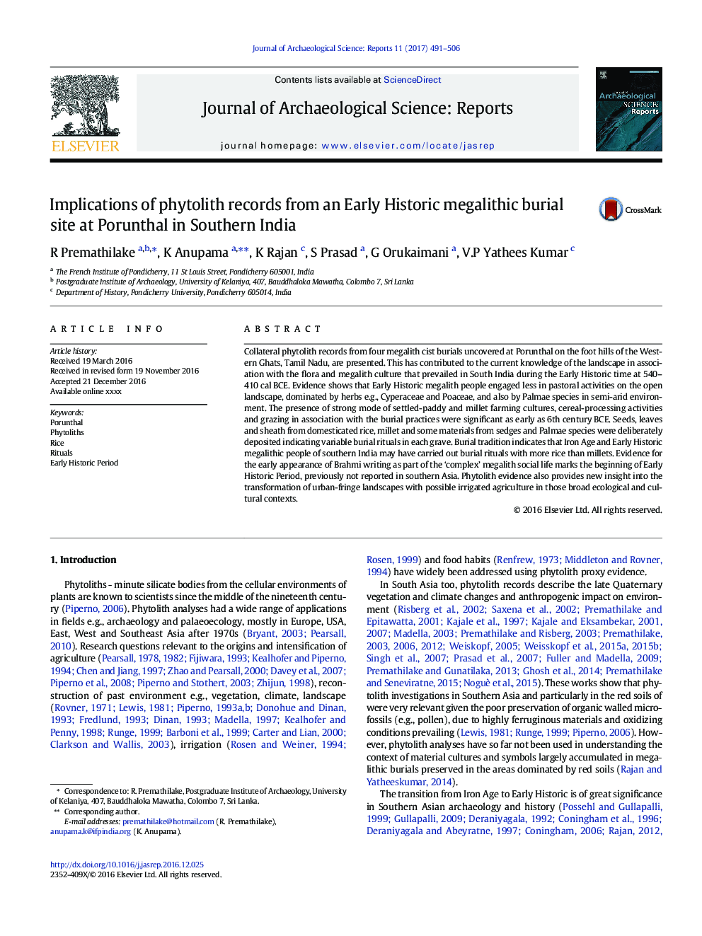 Implications of phytolith records from an Early Historic megalithic burial site at Porunthal in Southern India