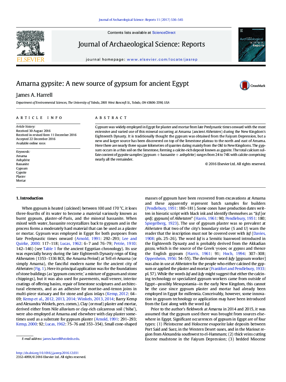 Amarna gypsite: A new source of gypsum for ancient Egypt