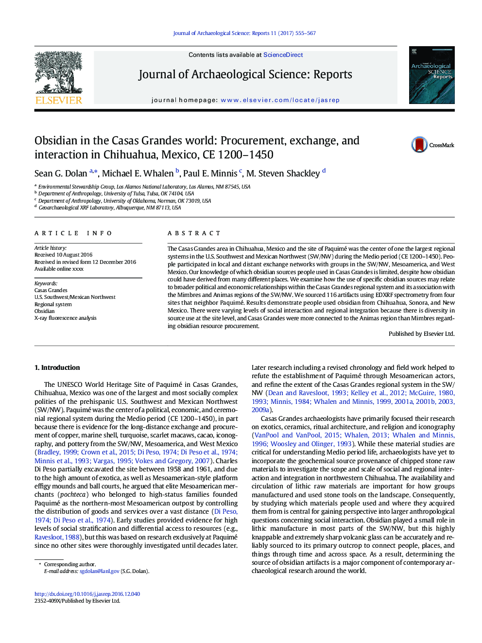 Obsidian in the Casas Grandes world: Procurement, exchange, and interaction in Chihuahua, Mexico, CE 1200-1450