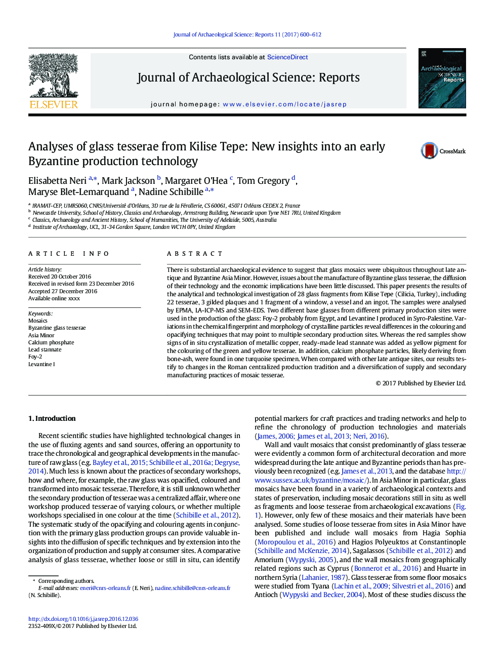 Analyses of glass tesserae from Kilise Tepe: New insights into an early Byzantine production technology