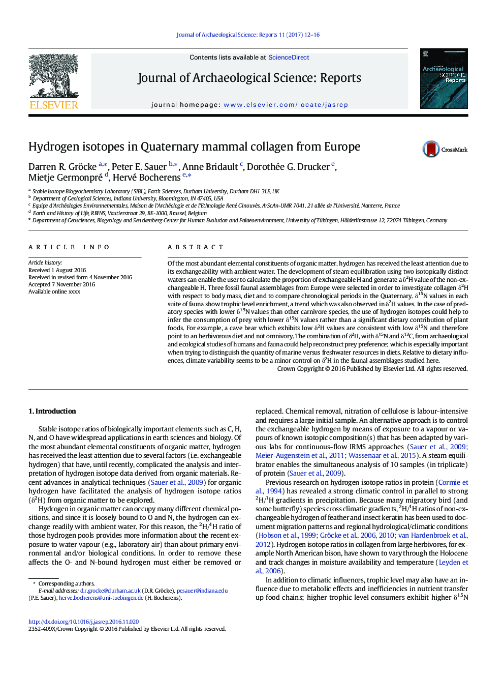 Hydrogen isotopes in Quaternary mammal collagen from Europe