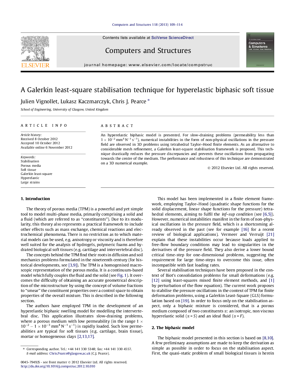 A Galerkin least-square stabilisation technique for hyperelastic biphasic soft tissue