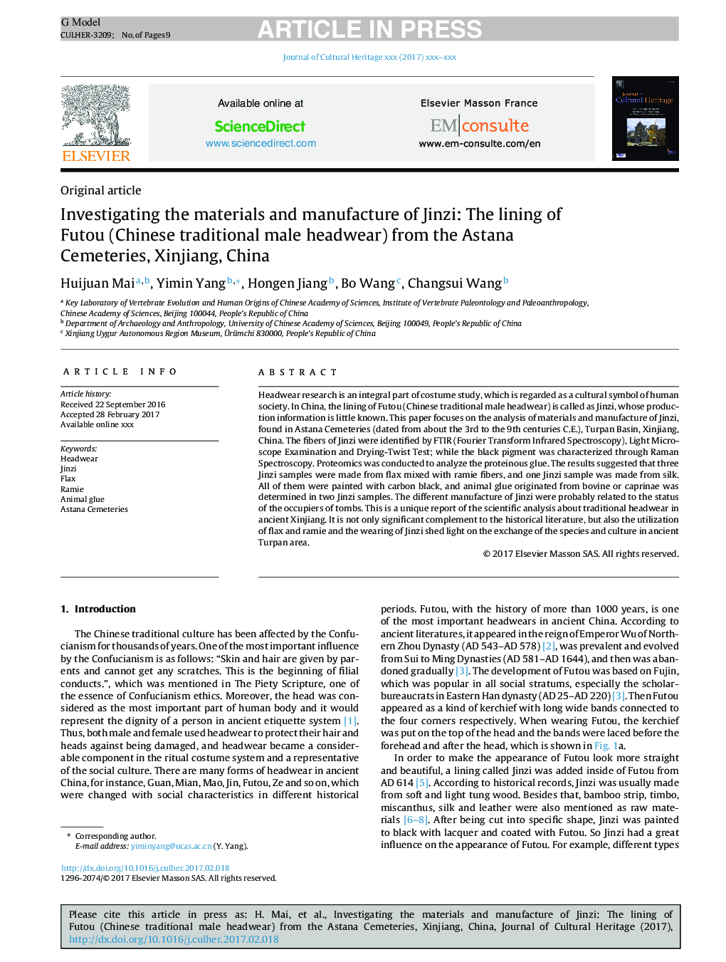 Investigating the materials and manufacture of Jinzi: The lining of Futou (Chinese traditional male headwear) from the Astana Cemeteries, Xinjiang, China