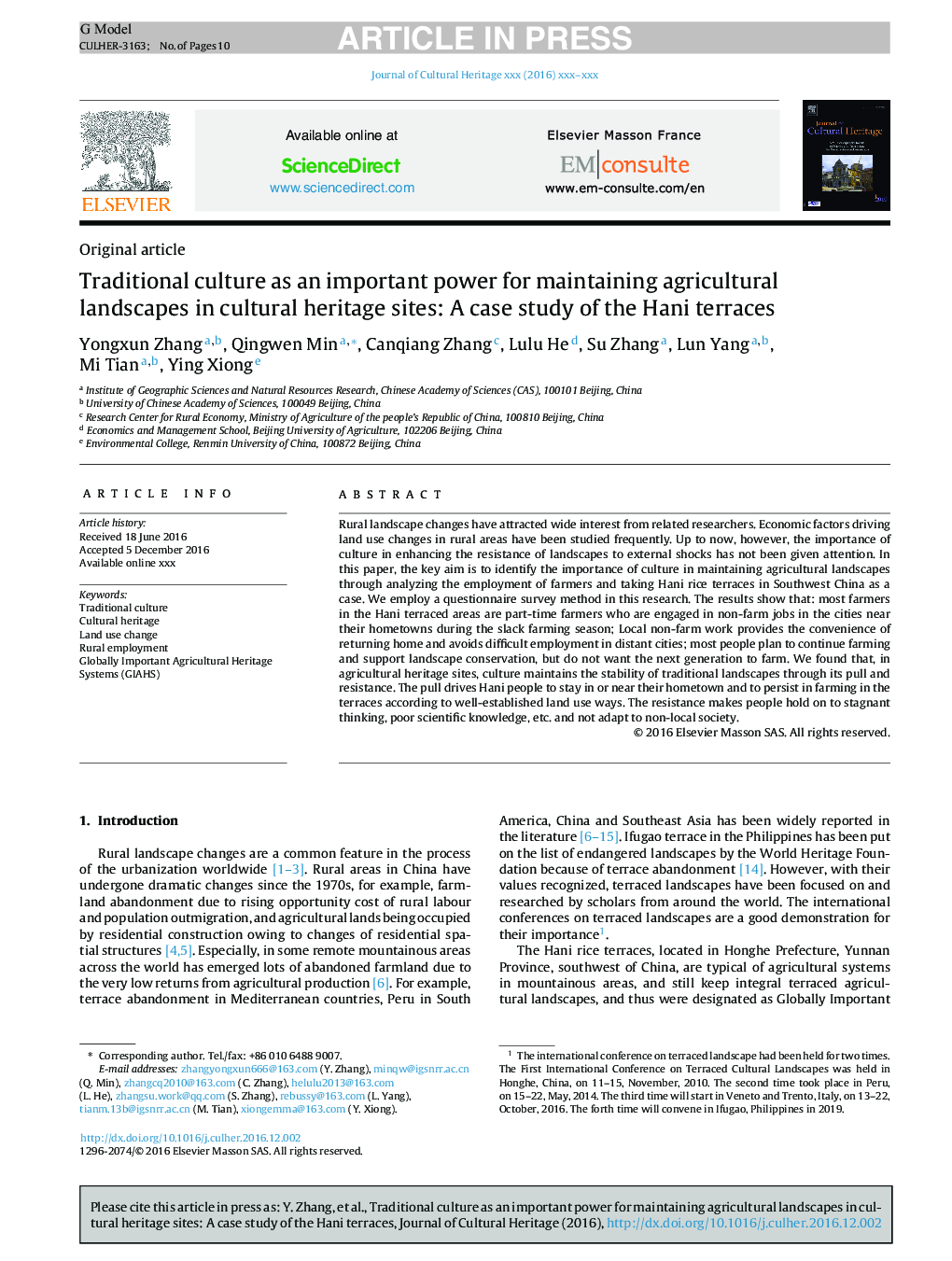 Traditional culture as an important power for maintaining agricultural landscapes in cultural heritage sites: A case study of the Hani terraces