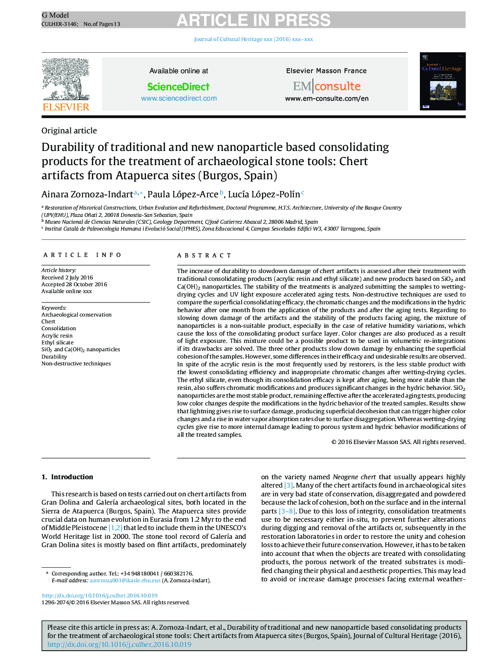 Durability of traditional and new nanoparticle based consolidating products for the treatment of archaeological stone tools: Chert artifacts from Atapuerca sites (Burgos, Spain)