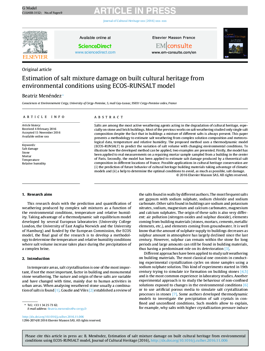 Estimation of salt mixture damage on built cultural heritage from environmental conditions using ECOS-RUNSALT model