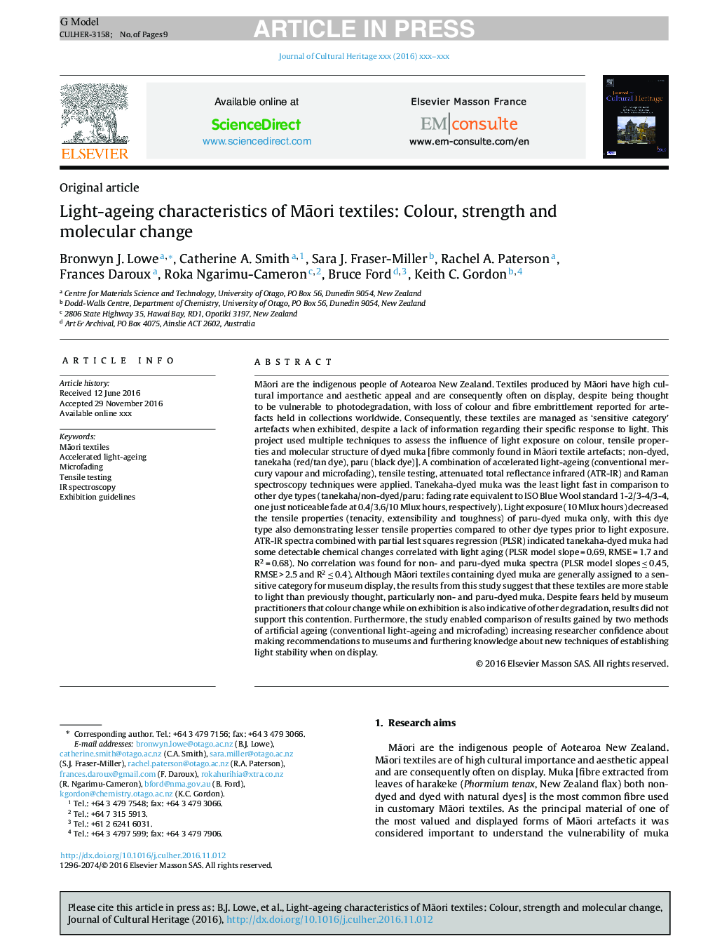 Light-ageing characteristics of MÄori textiles: Colour, strength and molecular change