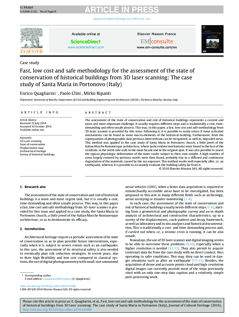 Fast, low cost and safe methodology for the assessment of the state of conservation of historical buildings from 3D laser scanning: The case study of Santa Maria in Portonovo (Italy)