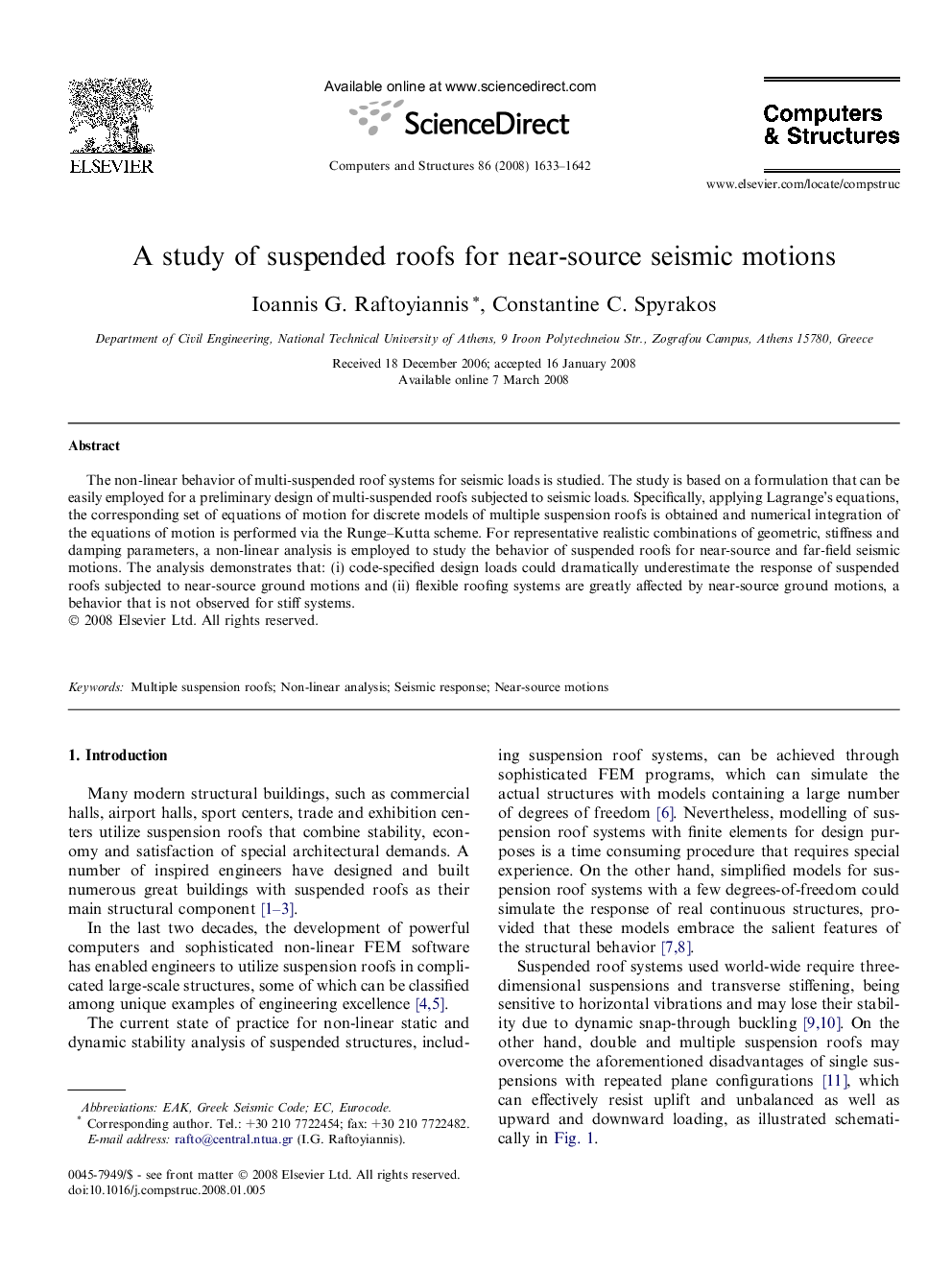 A study of suspended roofs for near-source seismic motions