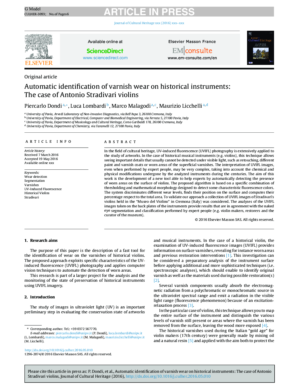 Automatic identification of varnish wear on historical instruments: The case of Antonio Stradivari violins